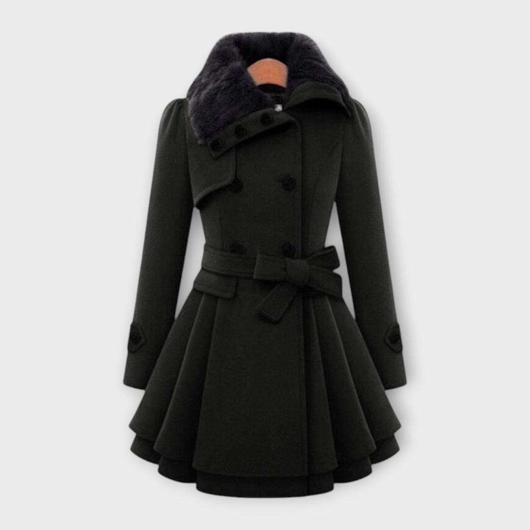 Women's elegant belted coat, featuring a lavish faux fur collar and tailored design for sophisticated winter outerwear.