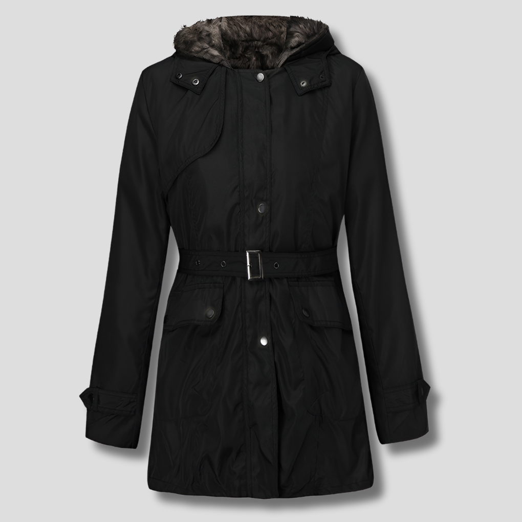 Elegant women's winter parka with cozy faux fur lining, perfect for cold weather outerwear.
