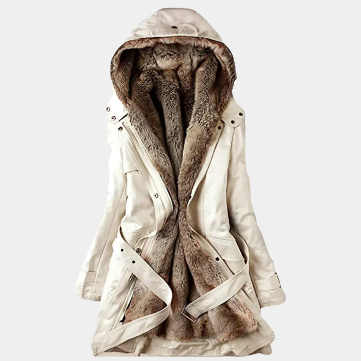 Stylish women's winter parka coat, warm and elegant with luxurious faux fur lining for fall.