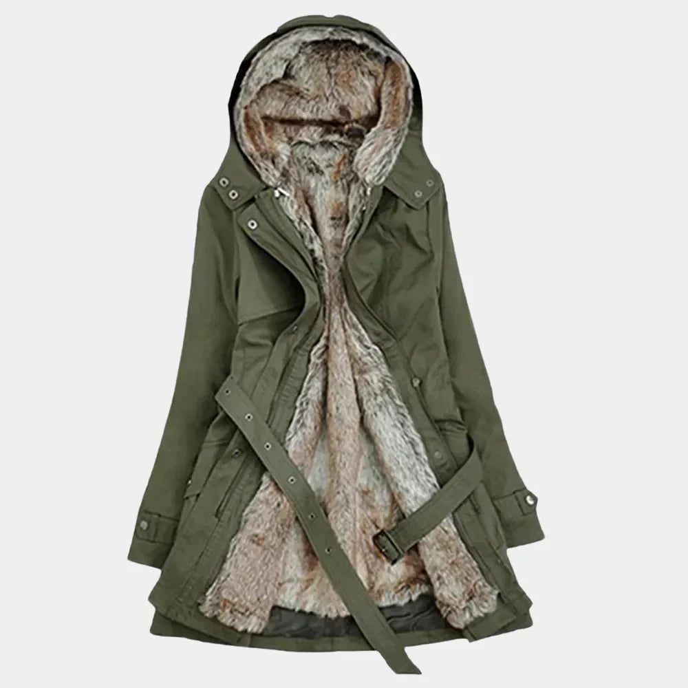 Warm women's faux fur lined parka, an elegant winter coat designed for comfort in cold weather.