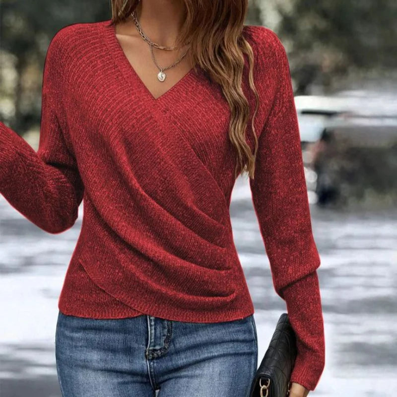 Versatile women's elegant wrap-front V-neck sweater. Long sleeve knitwear, ideal for fall fashion & spring style.