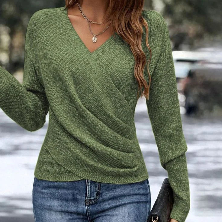 Chic women's V-neck wrap sweater. Long sleeve knit, elegant for fall fashion & spring, comfortable casual wear.