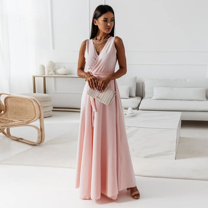 Elegant women's wrap maxi dress, perfect as a wedding guest or formal party dress, with a flattering V-neck.