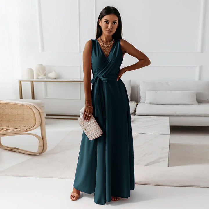 Flowy women's elegant maxi wrap dress for summer weddings, formal events, or chic party wear.