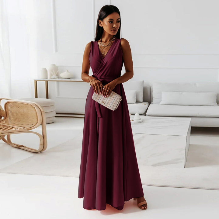 Stylish women's V-neck wrap maxi dress, an elegant formal summer dress for wedding guests and special occasions.