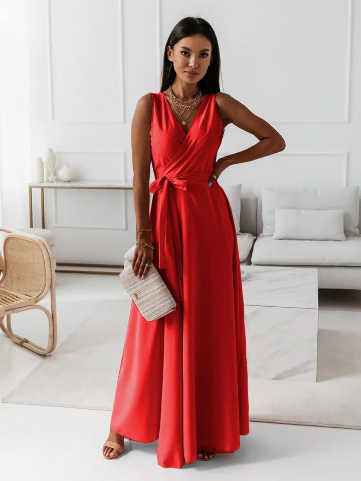 Sophisticated women's wrap maxi dress, ideal elegant wedding guest or party dress with a flattering silhouette.