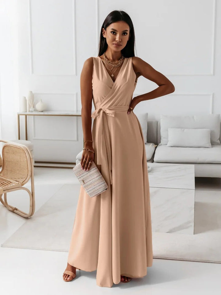Comfortable flowy women's elegant wrap maxi dress, perfect for wedding guests, formal or summer party events.