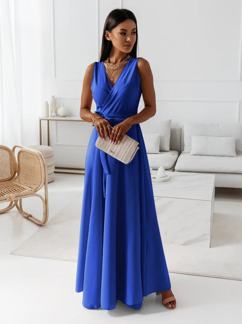 Elegant women's wrap maxi dress, a chic V-neck formal summer dress for wedding guests and parties.