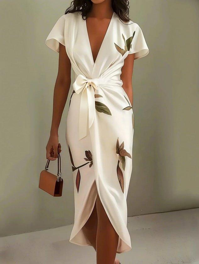 Stylish women's wrap dress with flutter sleeves and V-neck, a versatile maxi or midi for day, evening, or vacation.
