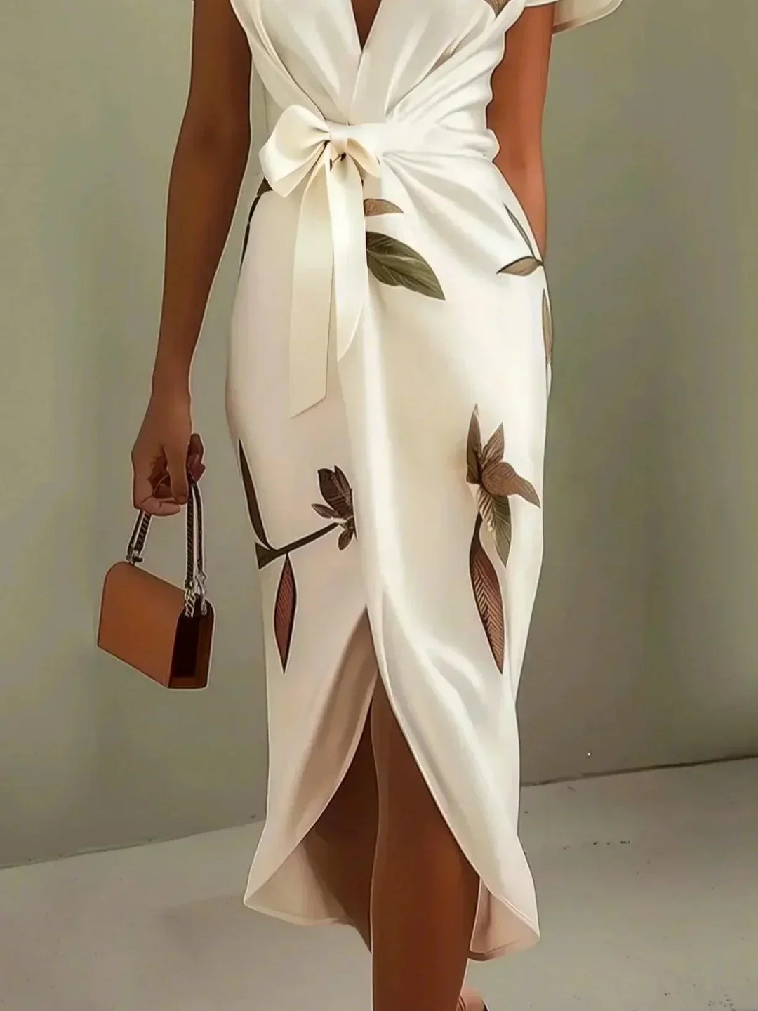 Graceful women's printed wrap maxi dress with flutter sleeves & tie waist, an elegant choice for spring & summer evenings.