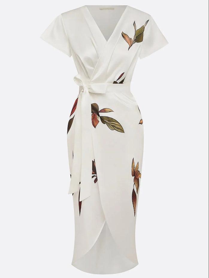 Women's V-neck wrap maxi dress with elegant flutter sleeves and a flattering tie waist, suitable for day or evening wear.