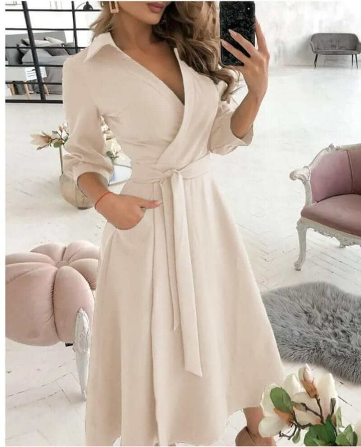 Women's elegant midi wrap dress, ideal for cocktail parties, formal events, and sophisticated evening wear.