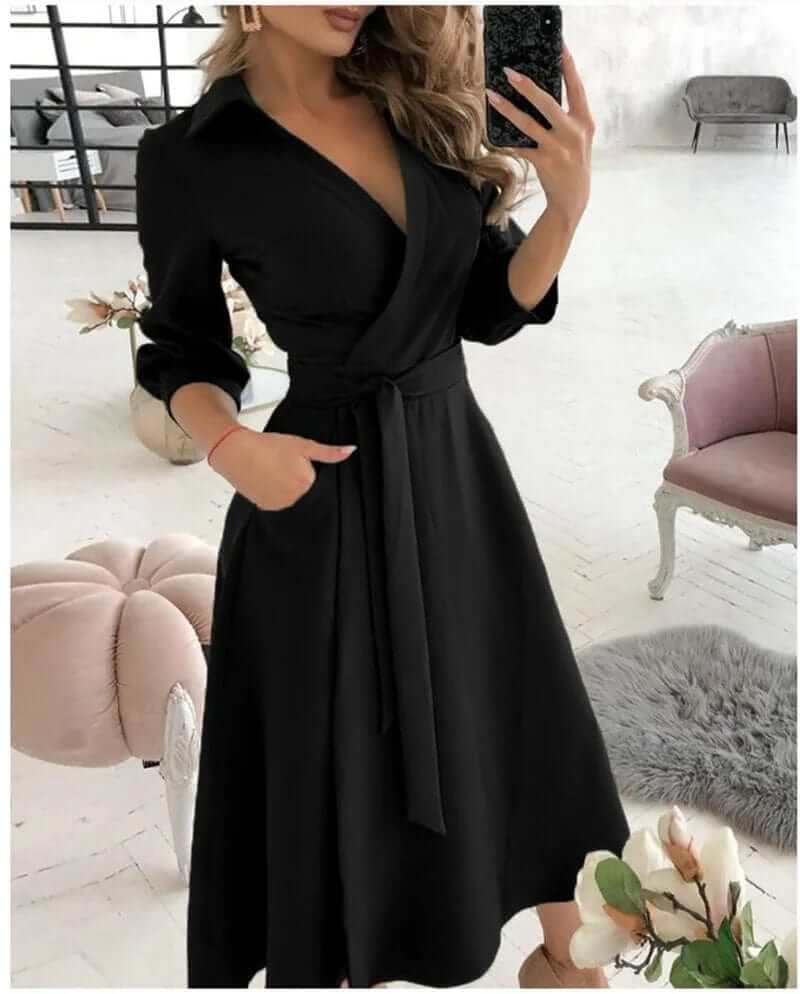 Stylish women's wrap midi dress with a flattering silhouette, perfect for elegant cocktail & formal wear.