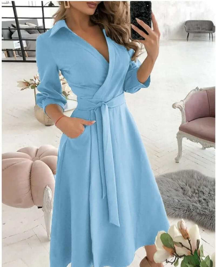 Elegant women's midi wrap dress, a versatile flattering style for formal, cocktail, & evening looks.