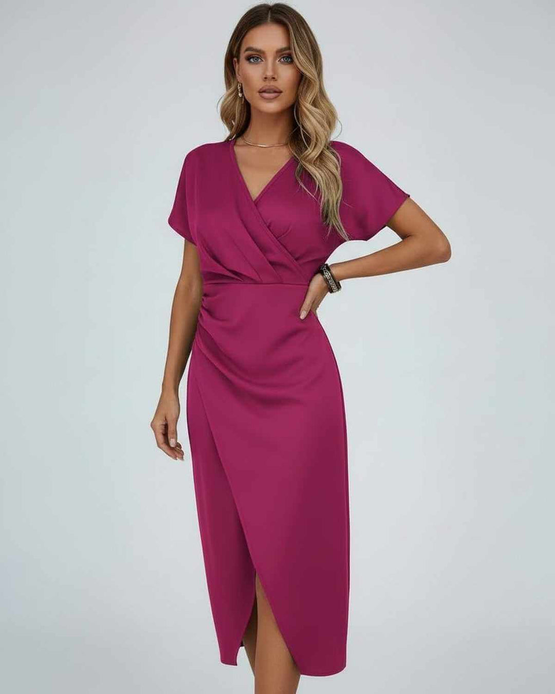 Elegant women's wrap midi dress with draped waist, short sleeves, and stylish split hem.