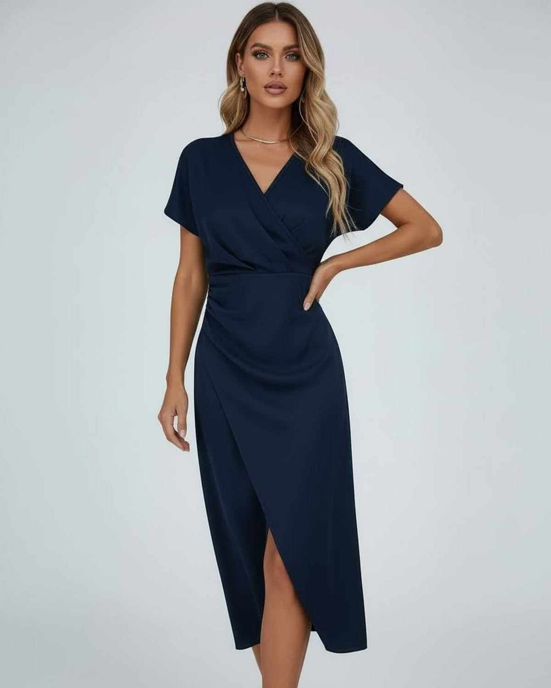 Versatile women's short sleeve wrap midi dress, perfect for evenings or summer, with a draped waist and split hem.