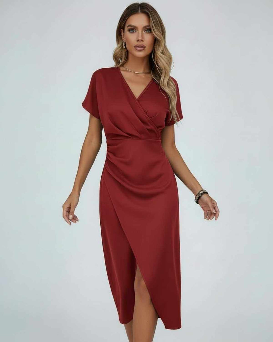 Flattering women's draped wrap midi dress with a chic split hem and short sleeves for an elegant look.