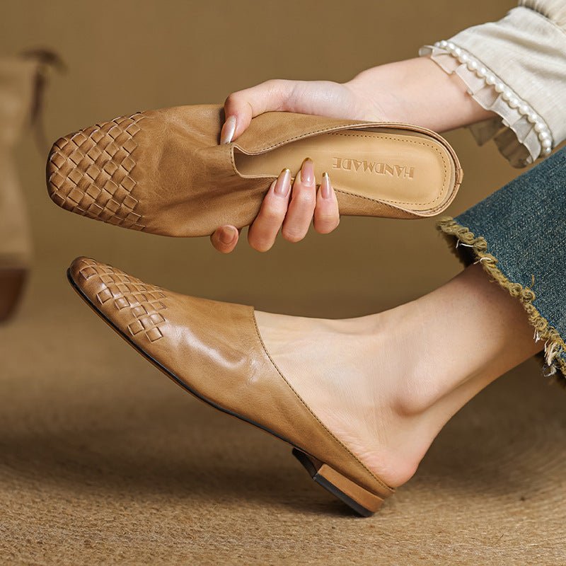 Elegant woven square-toe mules for women, featuring a comfortable low heel for all-day wear.