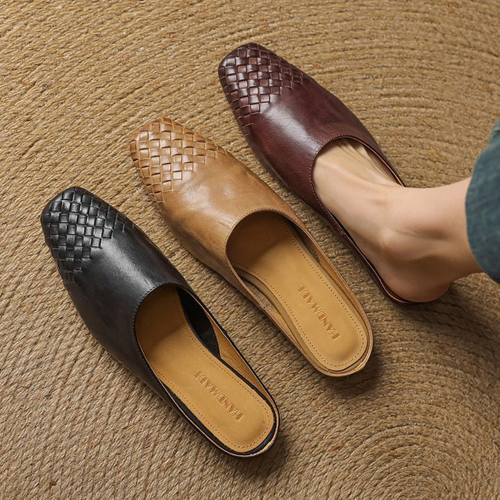 Chic women's low-heel mules, a slip-on style with a distinctive woven square toe for comfort.