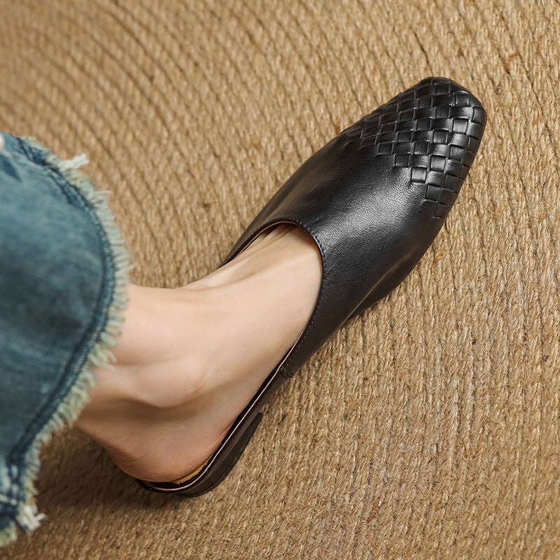 Casual chic women's mules, featuring a unique woven upper and a flattering square toe design.