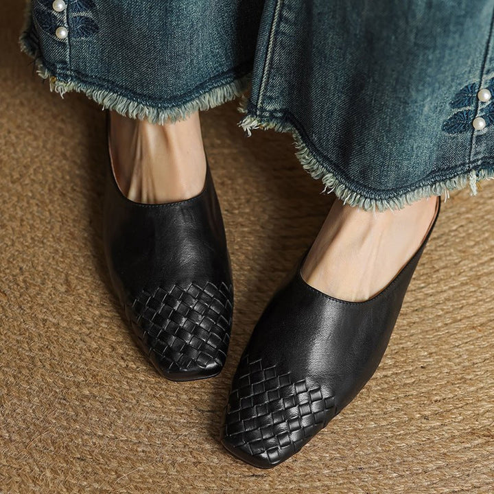 Women's comfortable square-toe slip-on mules with an elegant woven finish for effortless style.