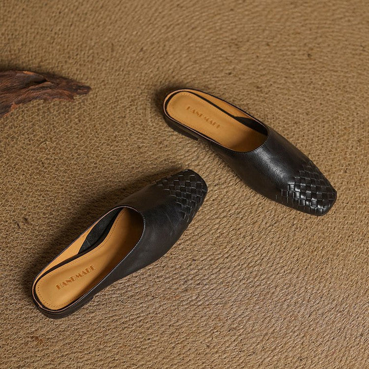 Fashionable women's low-heel mules, slip-on style with a trendy woven square toe for versatility.