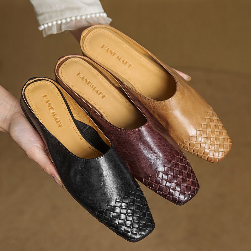 Women's versatile square-toe mules, an elegant woven design perfect for everyday fashion.