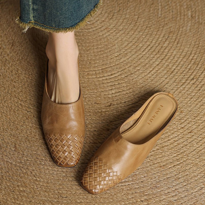 Versatile woven mules for women, designed with a trendy square toe and comfortable low heel.