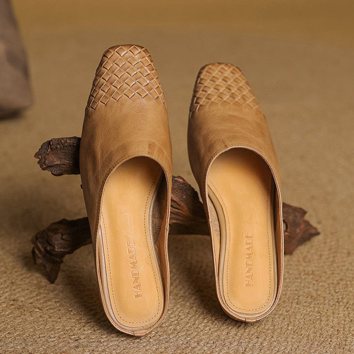 Fashionable women's square-toe mules, an easy slip-on style with elegant woven detail.