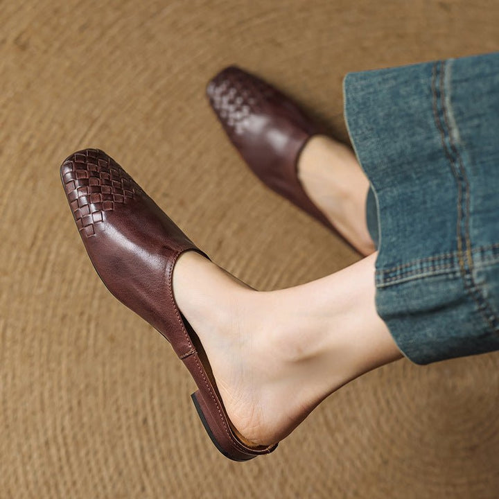 Women's comfortable slip-on mules with a trendy square toe and sophisticated woven design.