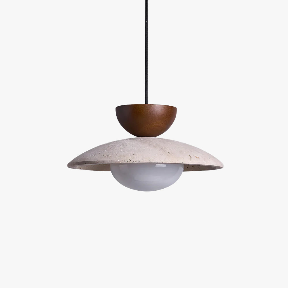 Elegant Yarelle pendant light with unique travertine stone & warm wood accents. Modern home decor.