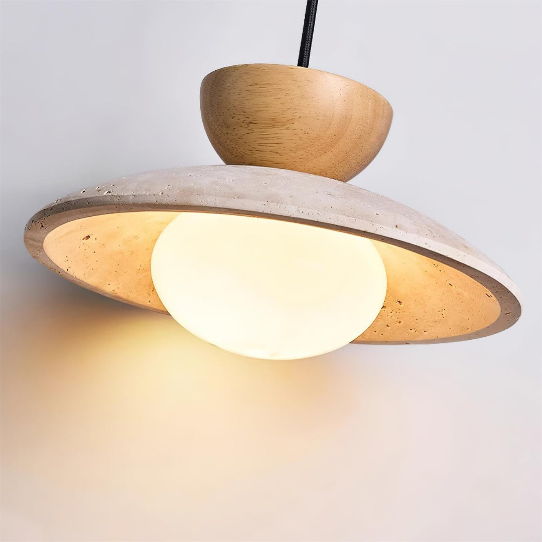 Sleek Yarelle pendant light with clean lines, travertine, wood, & glass. Ideal modern bedroom lighting.