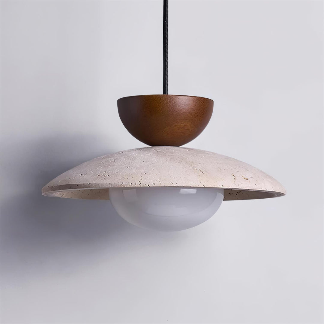 Warm glowing Yarelle pendant light with natural wood & travertine details. Modern home decor for cozy spaces.