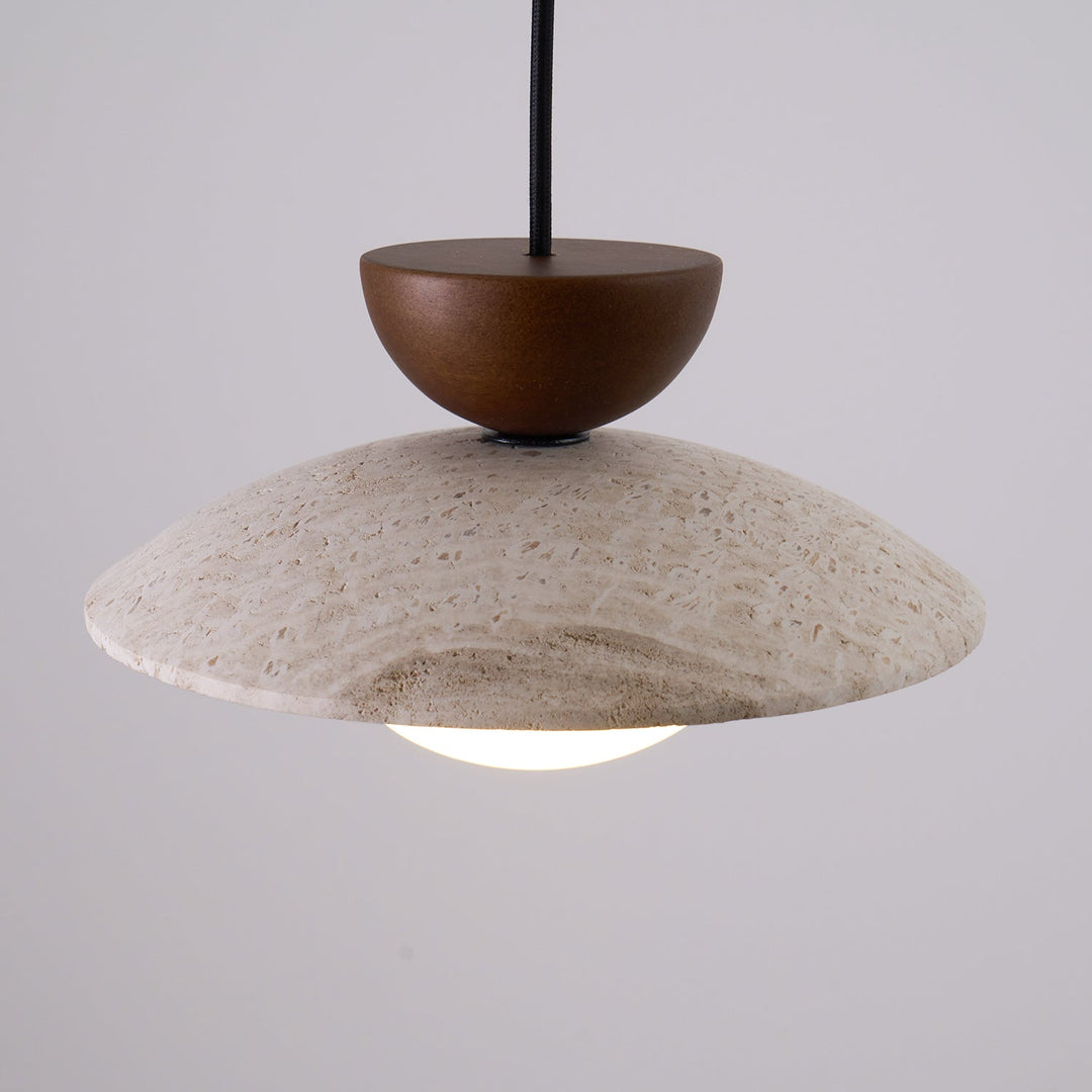 Minimalist Yarelle pendant light featuring natural travertine, wood, & glass. Modern design for sleek interiors.