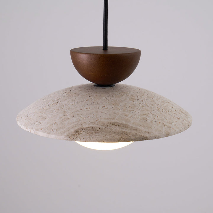 Minimalist Yarelle pendant light featuring natural travertine, wood, & glass. Modern design for sleek interiors.