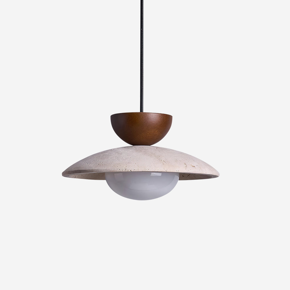 Versatile Yarelle pendant light. Modern design with travertine, wood, & glass. Suits dining, living, bedroom.