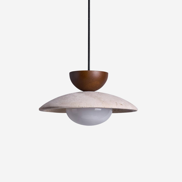 Versatile Yarelle pendant light. Modern design with travertine, wood, & glass. Suits dining, living, bedroom.