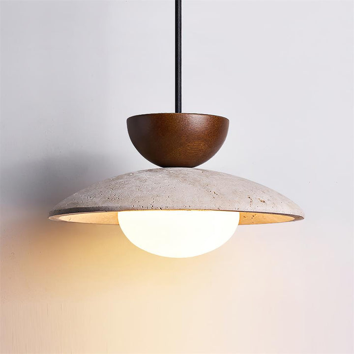 Premium Yarelle pendant light. High-quality travertine, wood, & glass. Modern durable lighting fixture.
