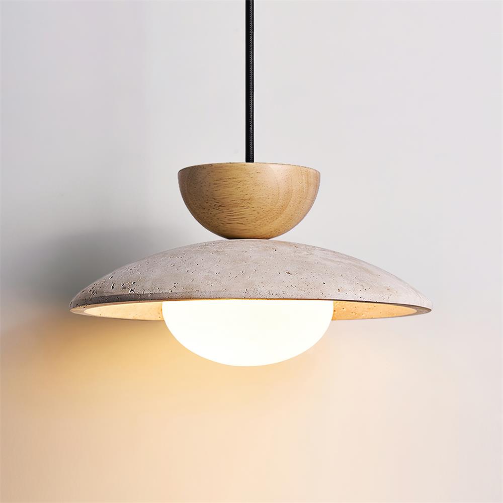 Yarelle pendant light for modern living. Travertine, wood, glass. Perfect for dining, living, bedroom decor.