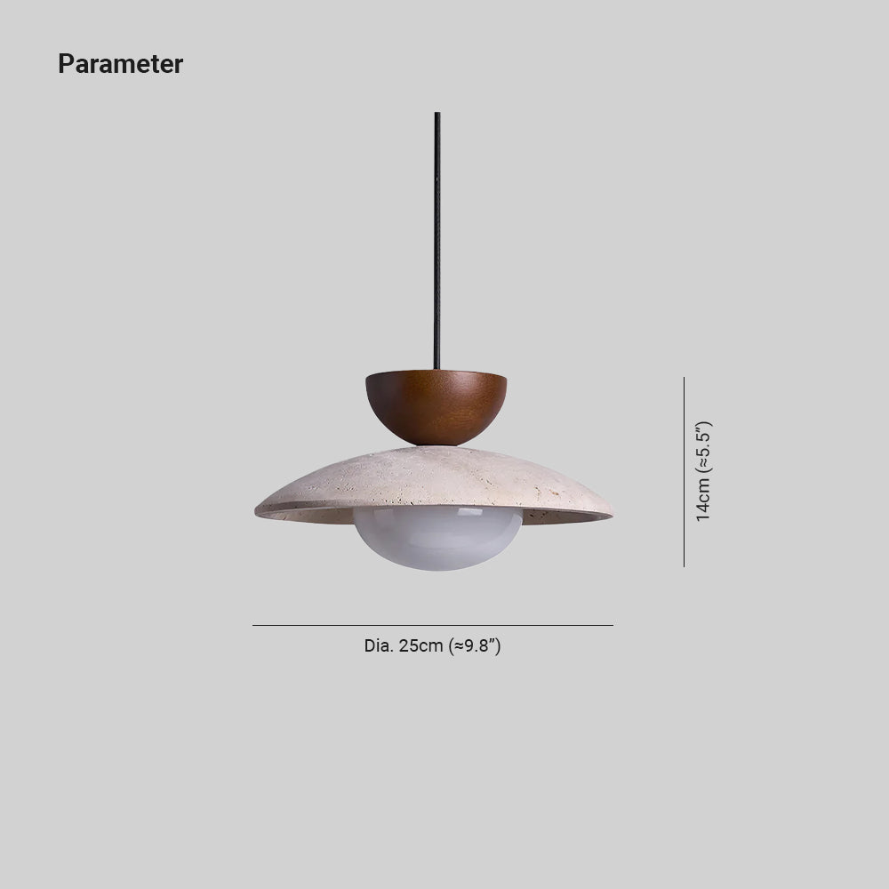 Stylish Yarelle pendant light for dining room. Natural travertine, wood, & glass. Modern home decor lighting.