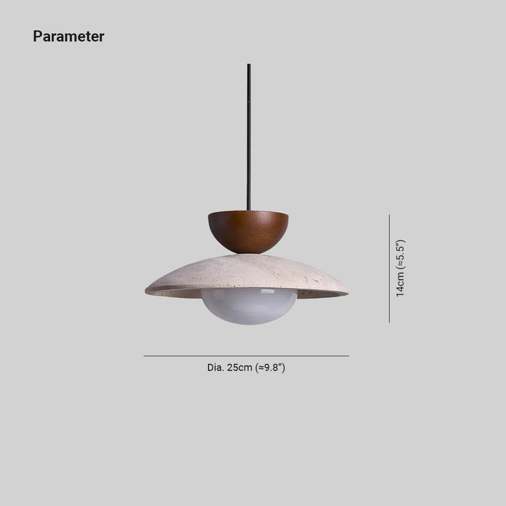 Stylish Yarelle pendant light for dining room. Natural travertine, wood, & glass. Modern home decor lighting.