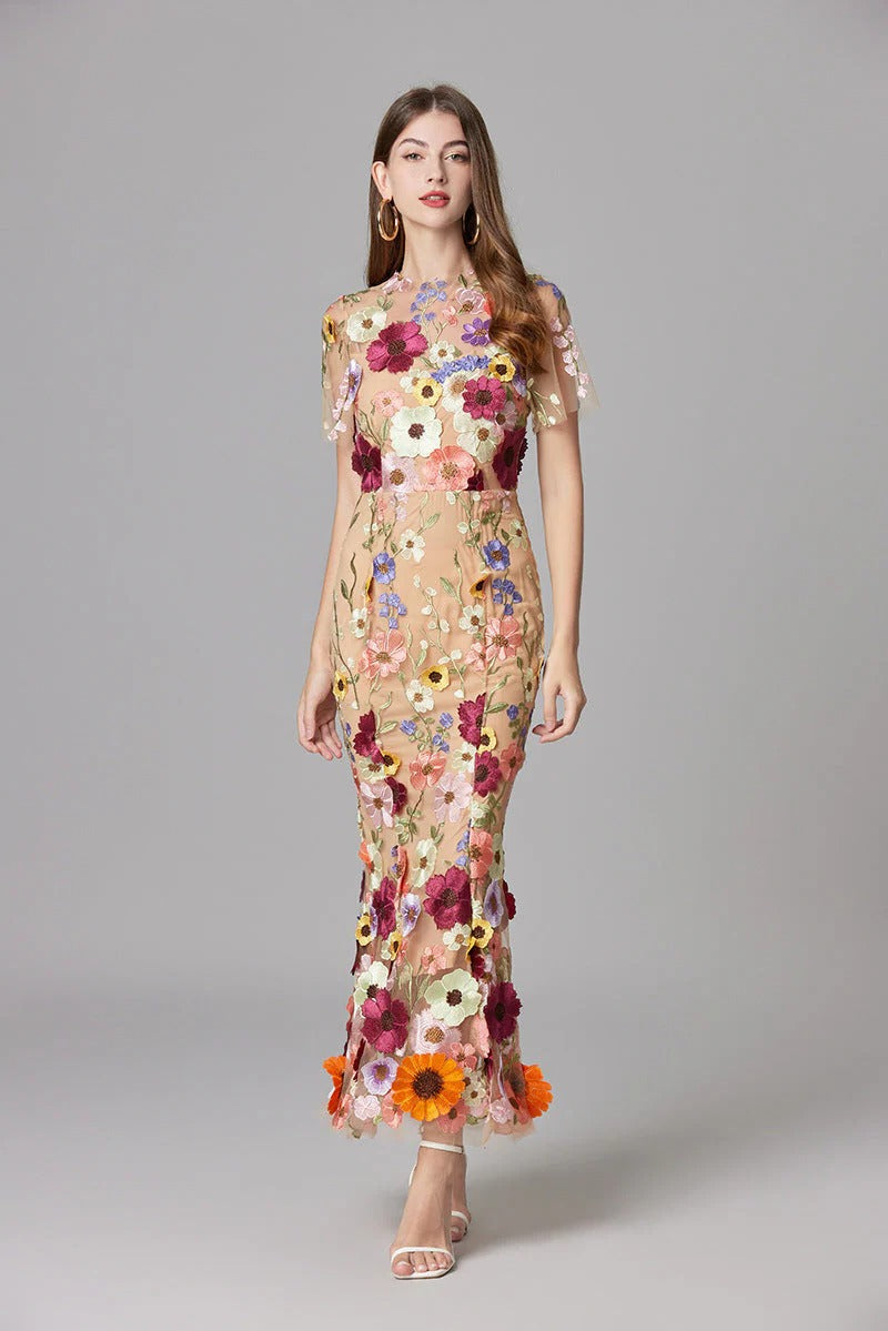 Pink embroidered mesh maxi dress for women. Sleeveless elegant evening dress, perfect for weddings & galas.