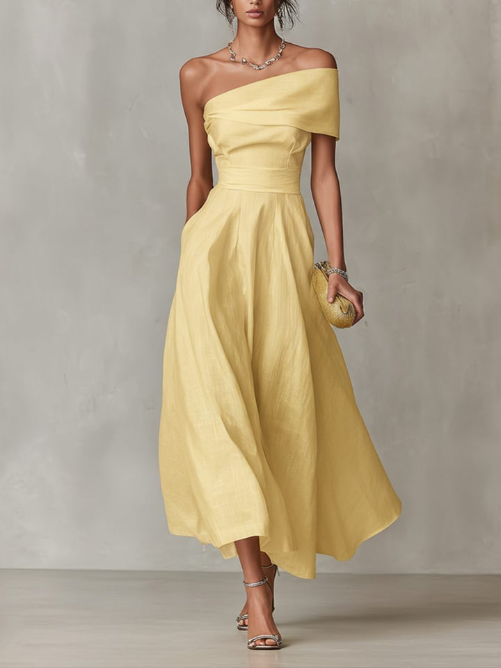 Elegant yellow one-shoulder A-line midi dress for women, perfect for cocktail parties or special occasions.