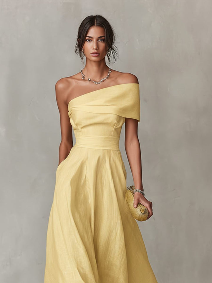 Women's formal yellow one-shoulder A-line midi dress, an elegant choice for evening events & special occasions.