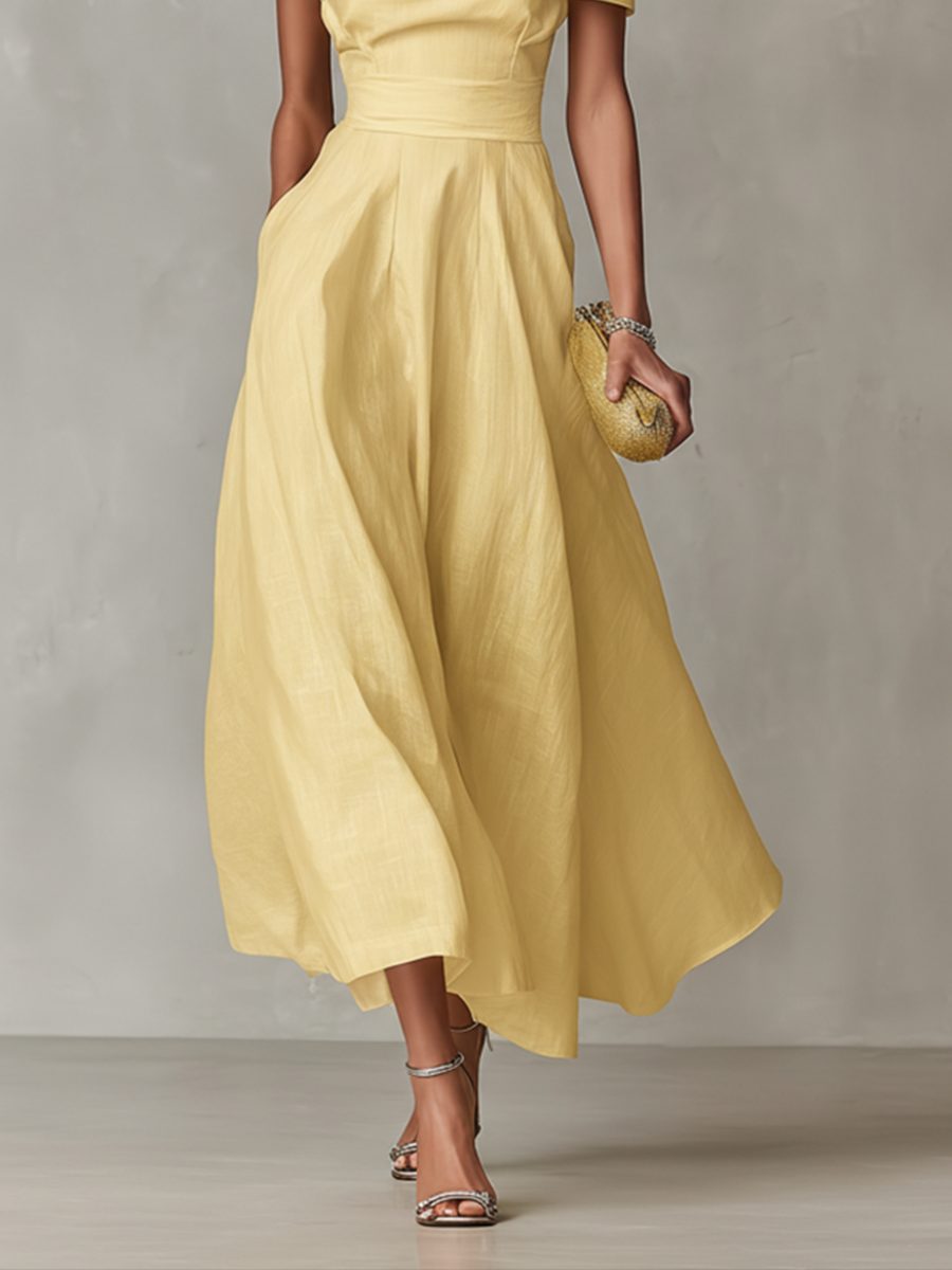 Chic yellow one-shoulder A-line midi dress for women, an elegant cocktail or party dress with asymmetrical neckline.