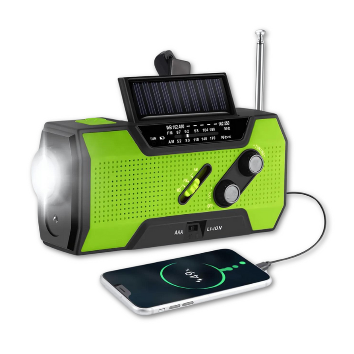 Emergency survival radio with NOAA weather alerts, hand crank & solar power bank. Essential for outdoor preparedness.