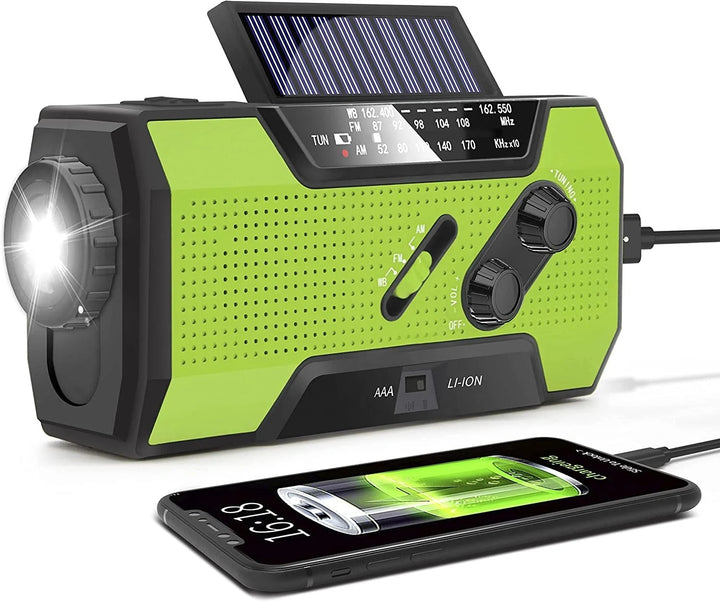 Multi-function survival radio: AM/FM/NOAA weather alerts, power bank, flashlight, SOS alarm. Ideal for emergencies.