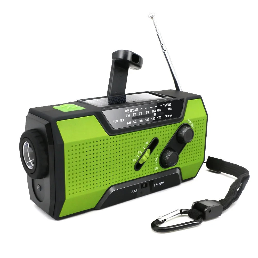 Portable emergency radio with a power bank, solar charger, & hand crank. Keeps devices charged during outages.