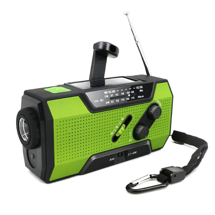 Portable emergency radio with a power bank, solar charger, & hand crank. Keeps devices charged during outages.