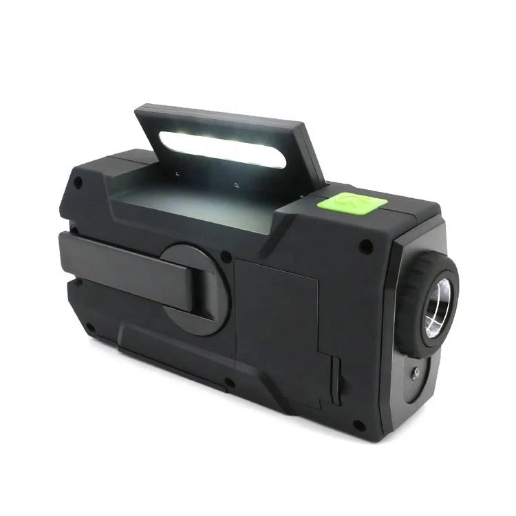 Compact emergency weather radio, power bank & flashlight. A crucial piece of survival gear for any situation.